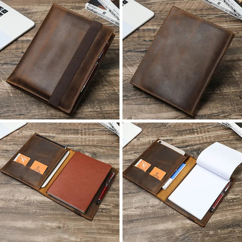 Brown Crazy Horse leather protective sleeve for an A5 notebook, showing square shape and socket closure.