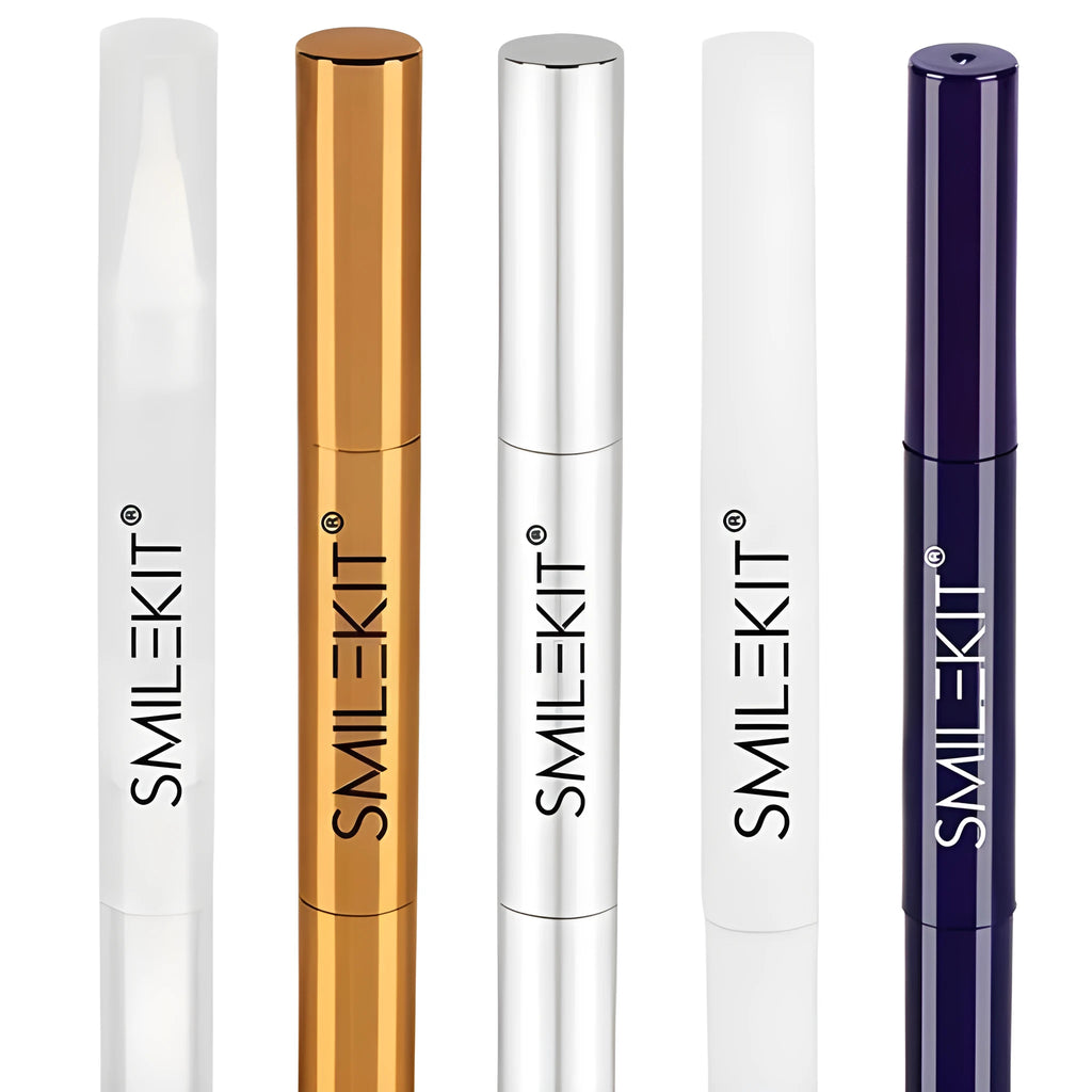 Teeth whitening pen with gel applicator, plastic or aluminium casing, multiple colour options