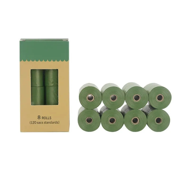 Rolls of green and black EPI degradable thickening pet waste bags with a portable dispenser