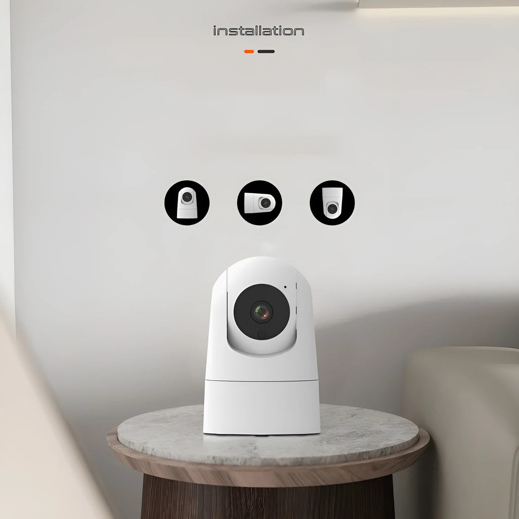 Indoor security camera with compact design showing 80mm width, 115mm height, and 3.6° lens