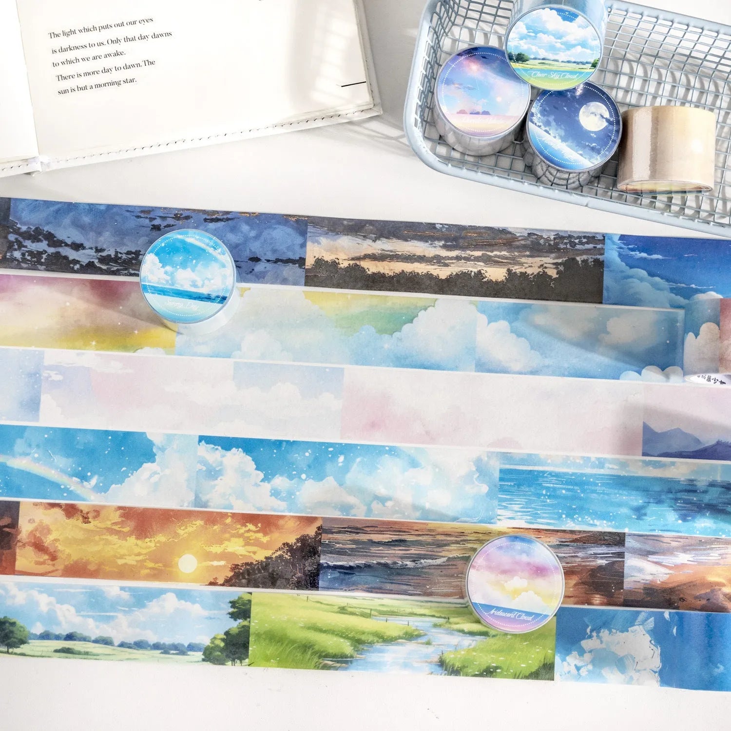 Roll of Japanese paper decorative tape with sky patterns including clouds and nebula, showing 30mm width.