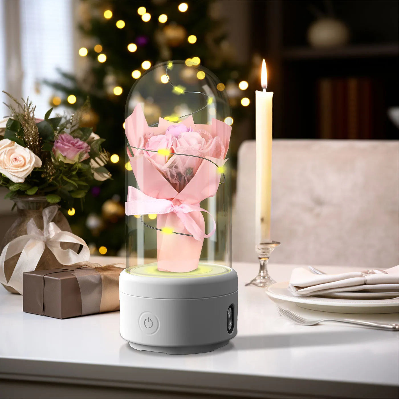 Creative 2 in 1 bouquet LED light and Bluetooth speaker in glass cover with rose lights