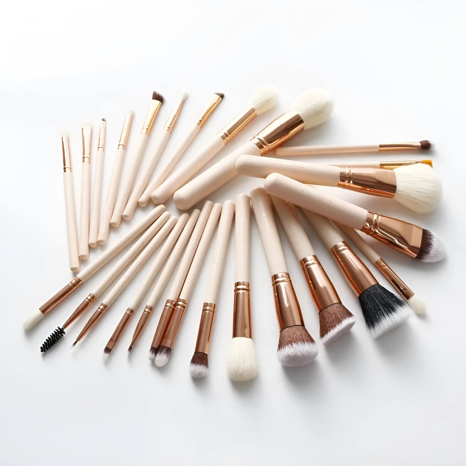 26 pink makeup brushes with wooden handles displayed in a open pink PU travel case