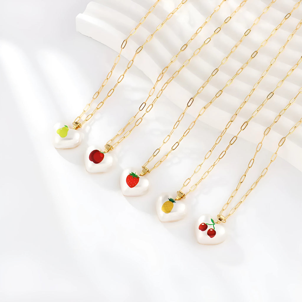 Fruit pendant heart necklace with strawberry apple pear pineapple cherry designs and adjustable chain