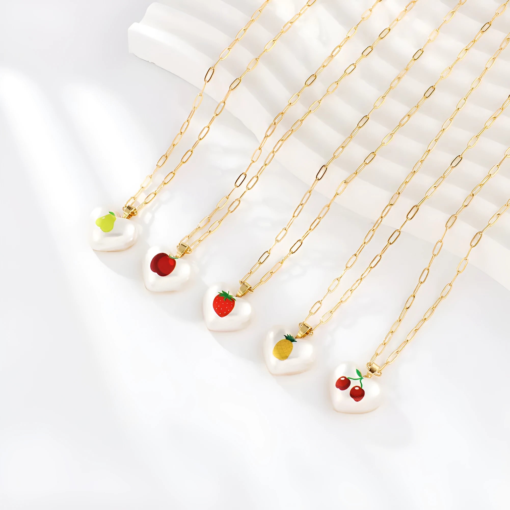 Fruit pendant heart necklace with strawberry apple pear pineapple cherry designs and adjustable chain