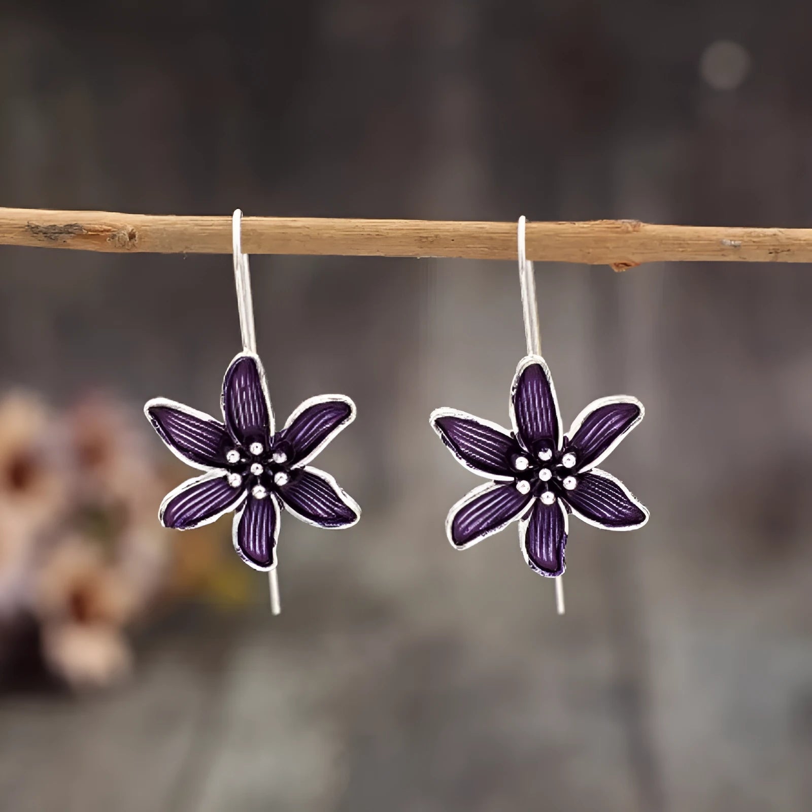 Purple floral alloy earrings with electroplated finish, retro simple design for pierced ears