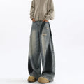 Men's blue American-style splash-ink ripped machete cotton jeans with micro elasticity
