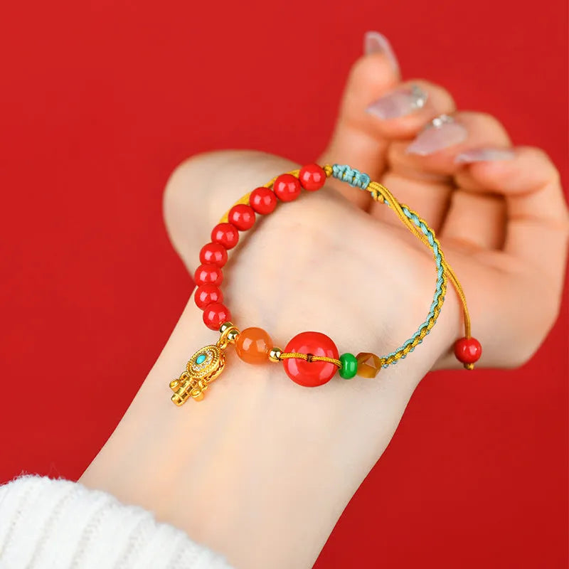 Cinnabar peace blessing buckle bracelet hand-woven geometric design emperor red sand women's