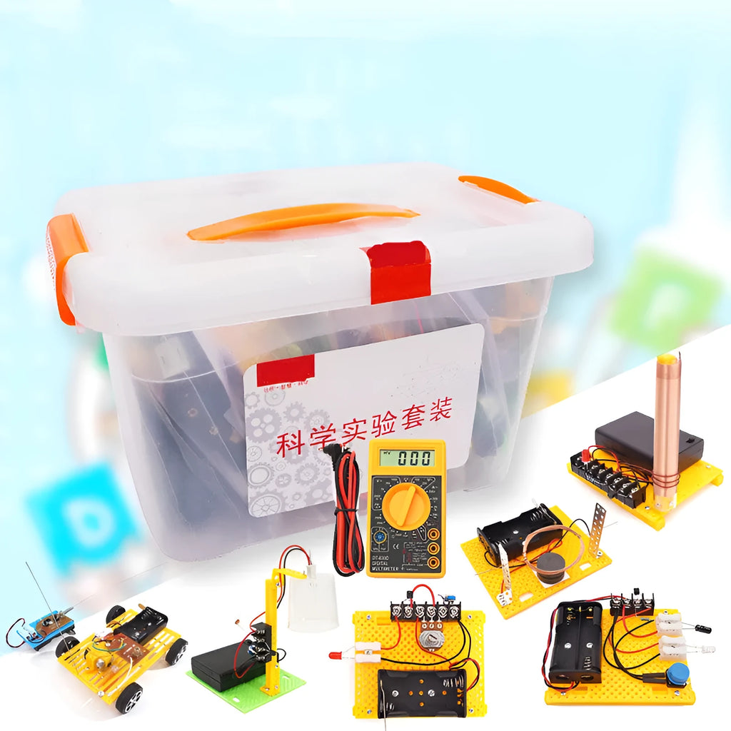 DIY electronic science experiment set with plastic solar fan, hand generator, simple motor, and music doorbell parts