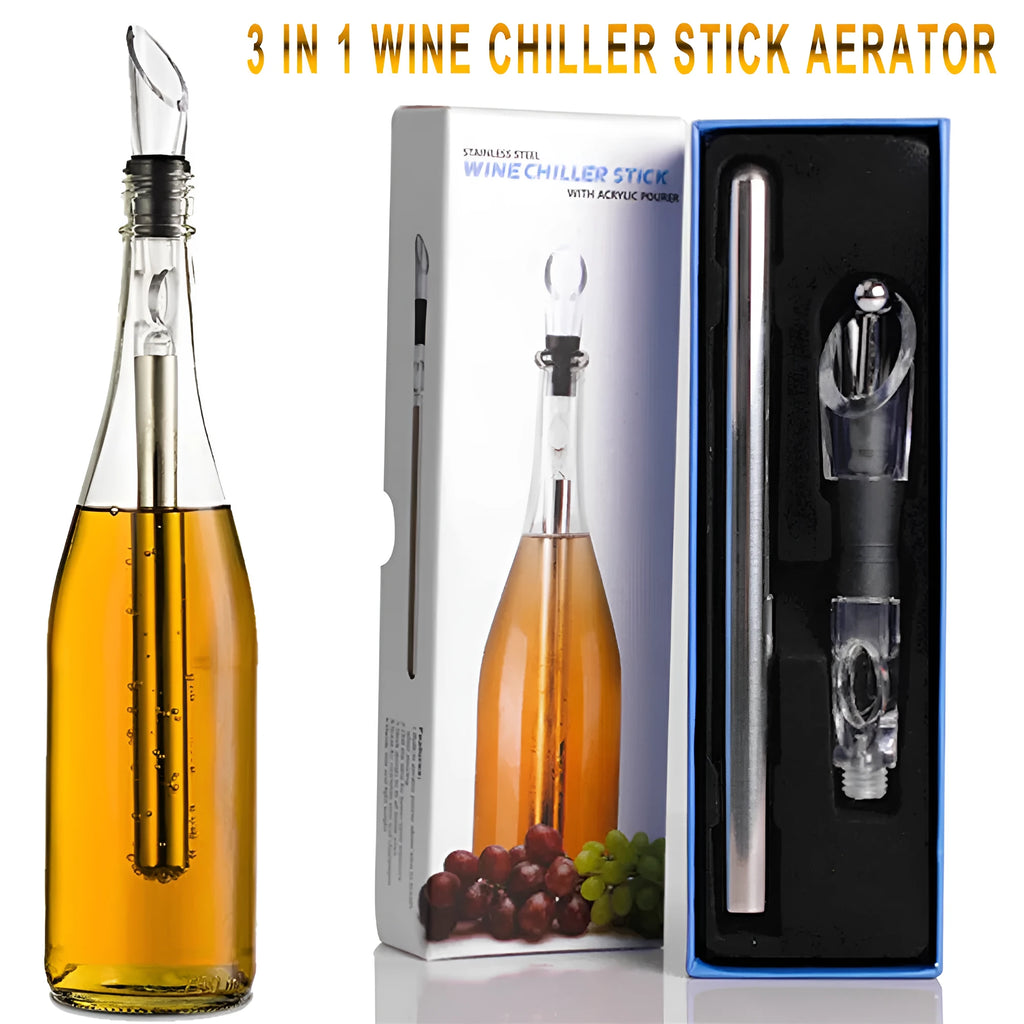 Stainless steel wine cooling rod with aerator and drip-free pourer, 32cm length, black finish