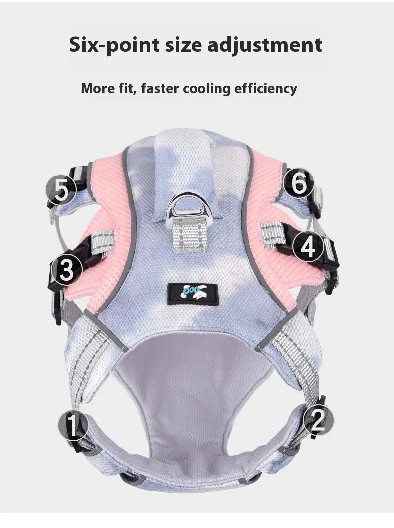Reflective light blue dog chest strap showing adjustable design for summer walking safety
