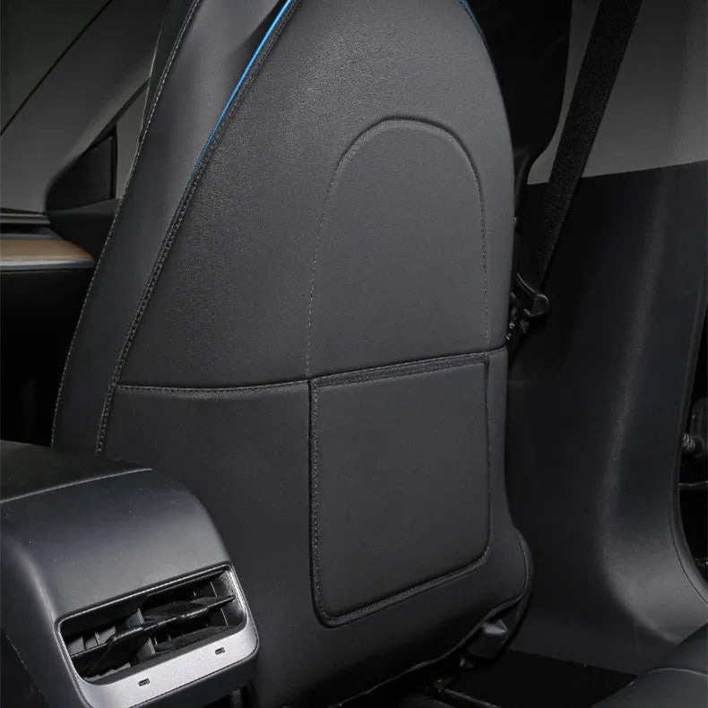 Set of two black leather rear seat anti kick pads with a storage pocket.