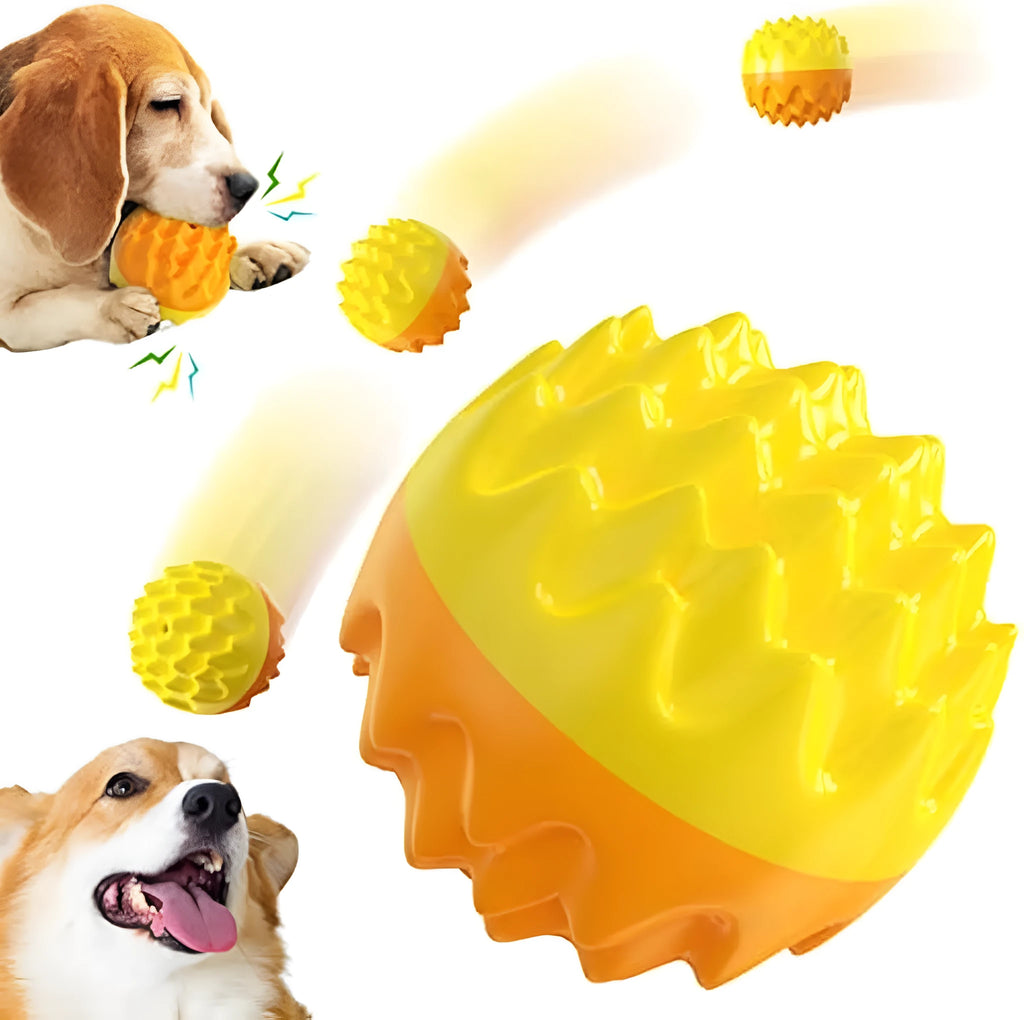 Blue and orange rubber dog ball with spiky texture for dental cleaning and squeaky sounds