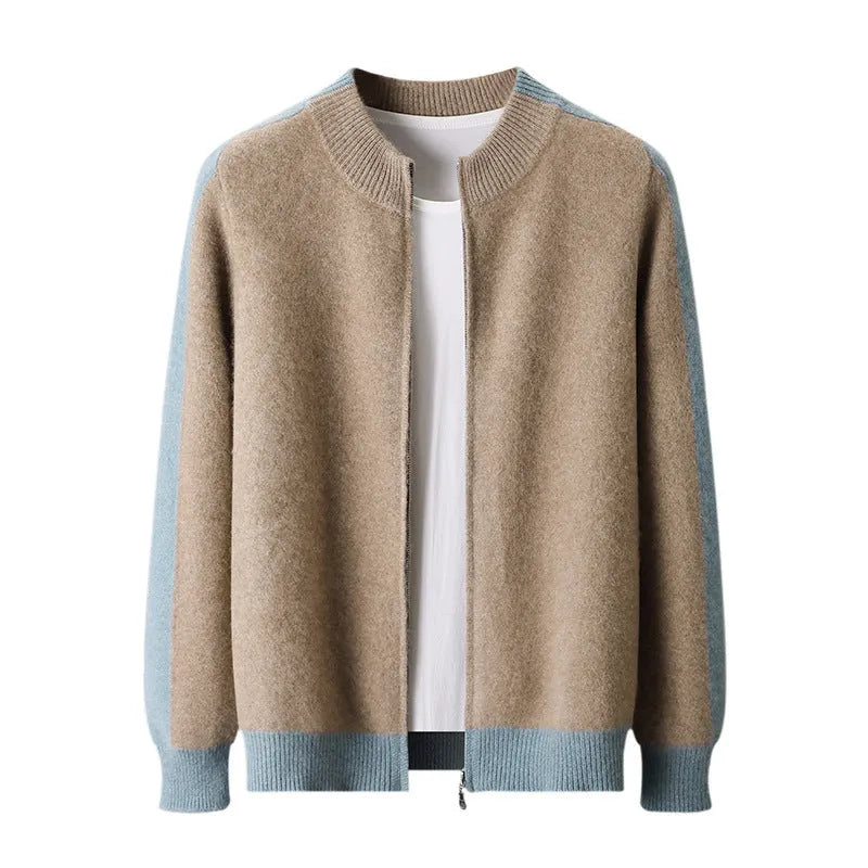 Men's half turtleneck zipper cardigan in wool yarn, loose fit, long sleeves, dark blue colour