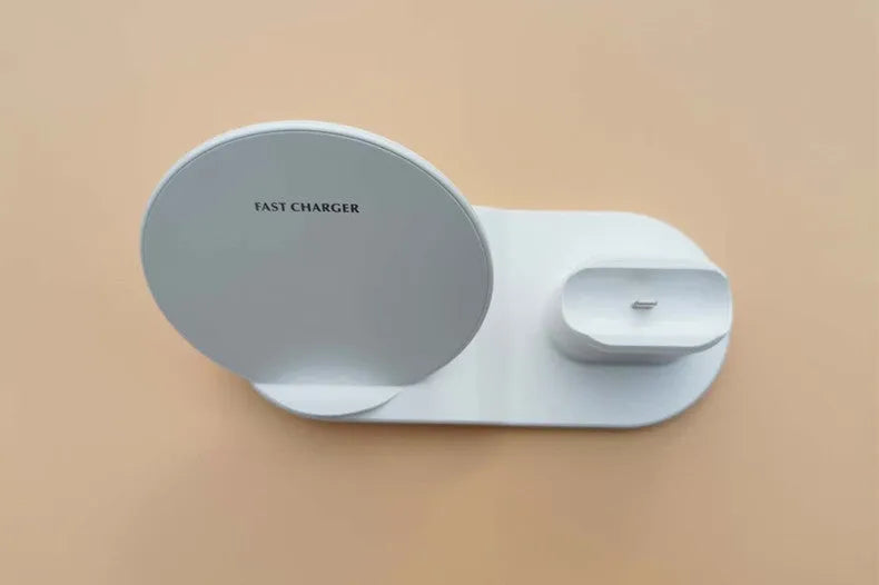 Black three-in-one wireless charger station with phone pad and watch output on a desk, 10W fast charging