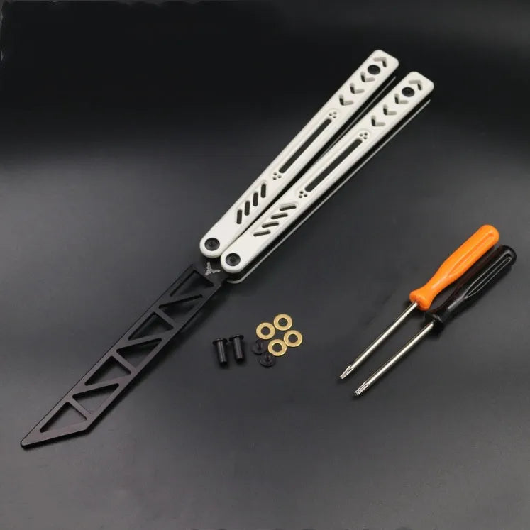 Unbladed ether butterfly knife with G10 anti-slip patch on aluminium handle, view of side profile