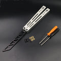 Unbladed ether butterfly knife with G10 anti-slip patch on aluminium handle, view of side profile