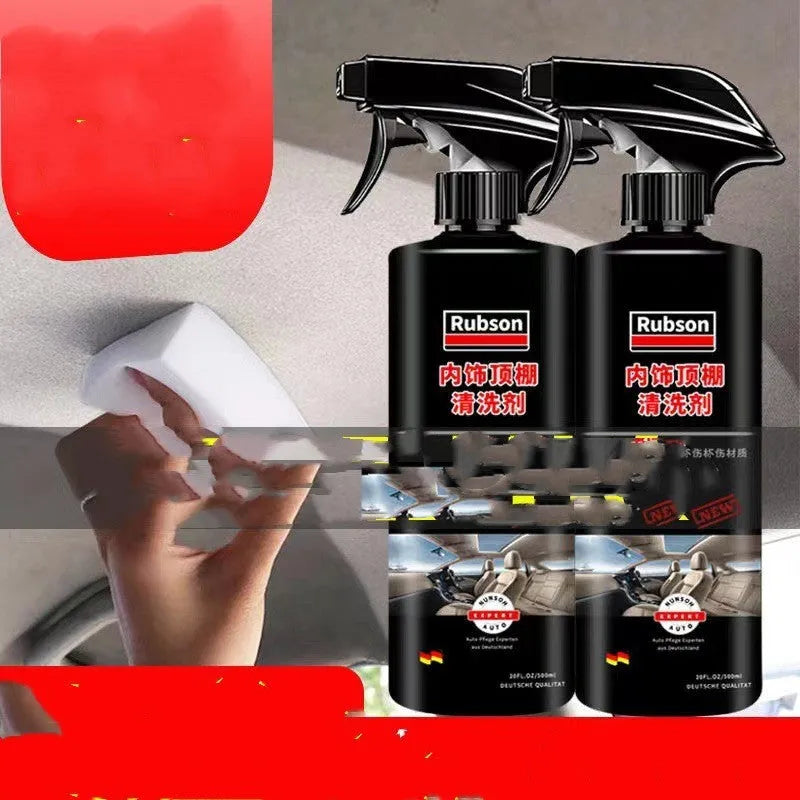Bottles of ultrasonic fabric roof foam decontamination cleaner with towel and sponge wipe accessories.