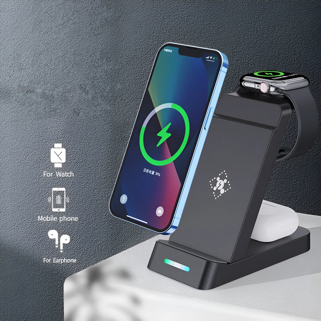 Black 3-in-1 wireless charging dock showing phone, Apple Watch, and AirPods charging simultaneously.