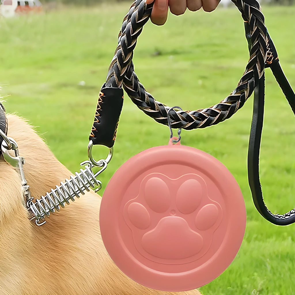 Collapsible silicone dog bowl in light pink shown folded and unfolded for portable pet feeding