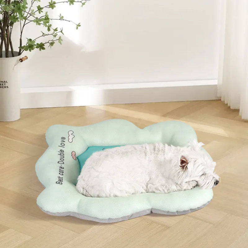 Green ice silk pet cooling mat with non-slip bottom shown in L size (75.66cm) for dogs