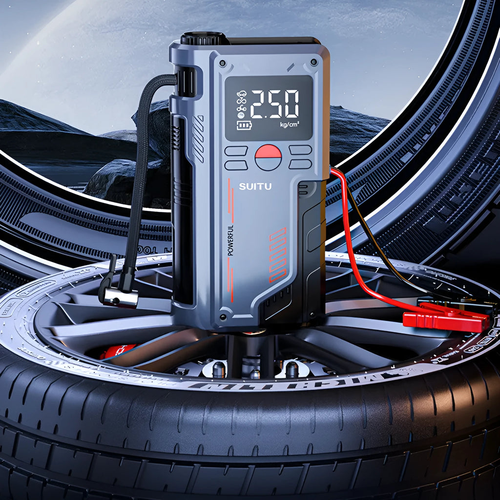 Wireless lithium battery emergency start power supply with inflator, ABS casing, 206x110x54mm