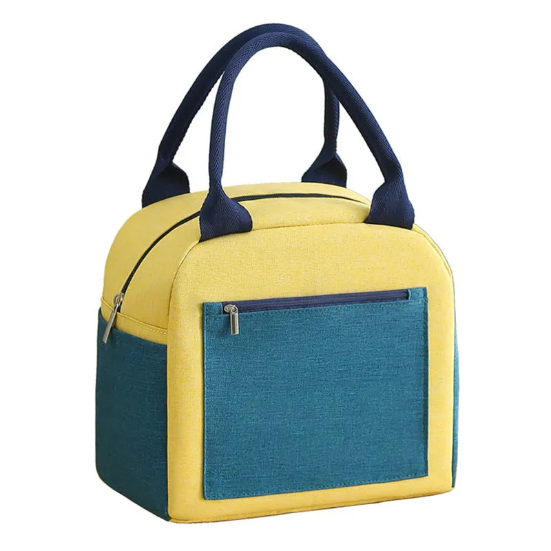 Multi-purpose insulated lunch bag in Oxford cloth with aluminium foil lining, available in blue, green beige, pink, and yellow green colours