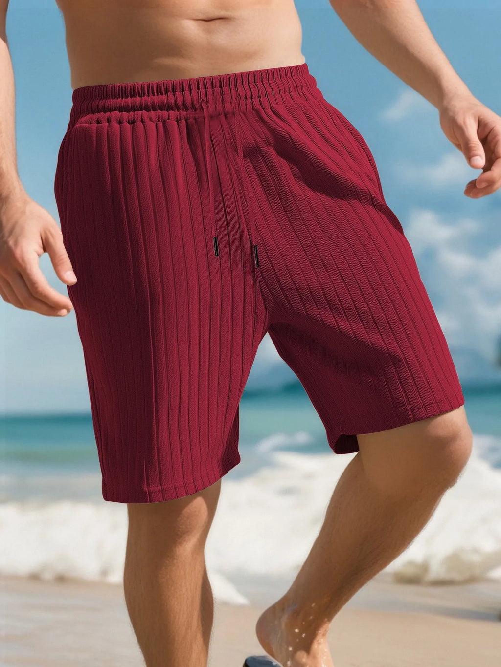 Men's striped linen-blend beach pants in khaki with elastic waist and multi-bag lace detail