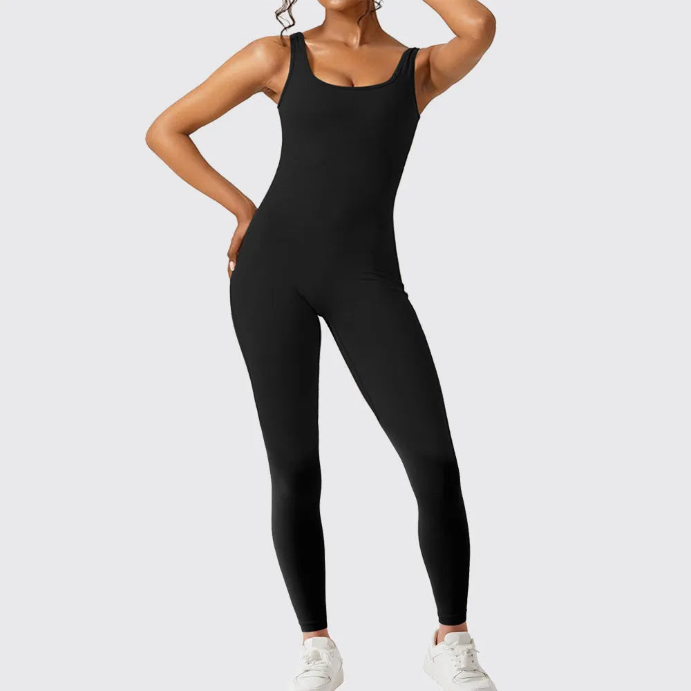 Women's sleeveless flare jumpsuit for yoga and fitness in high elasticity polyester fabric
