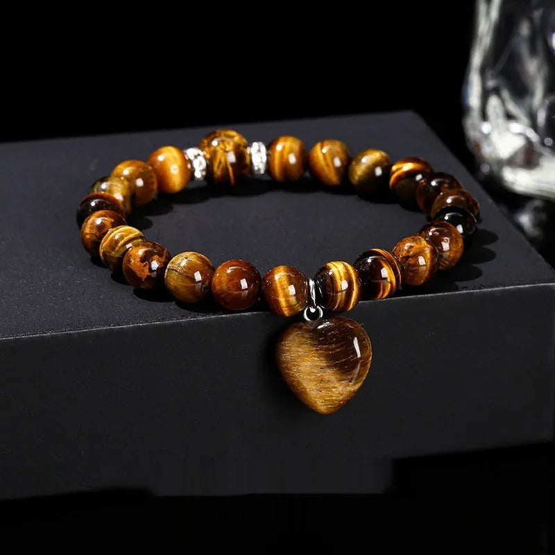 Natural stone tigereye love pendant bracelet for women, 8mm beads, heart charm