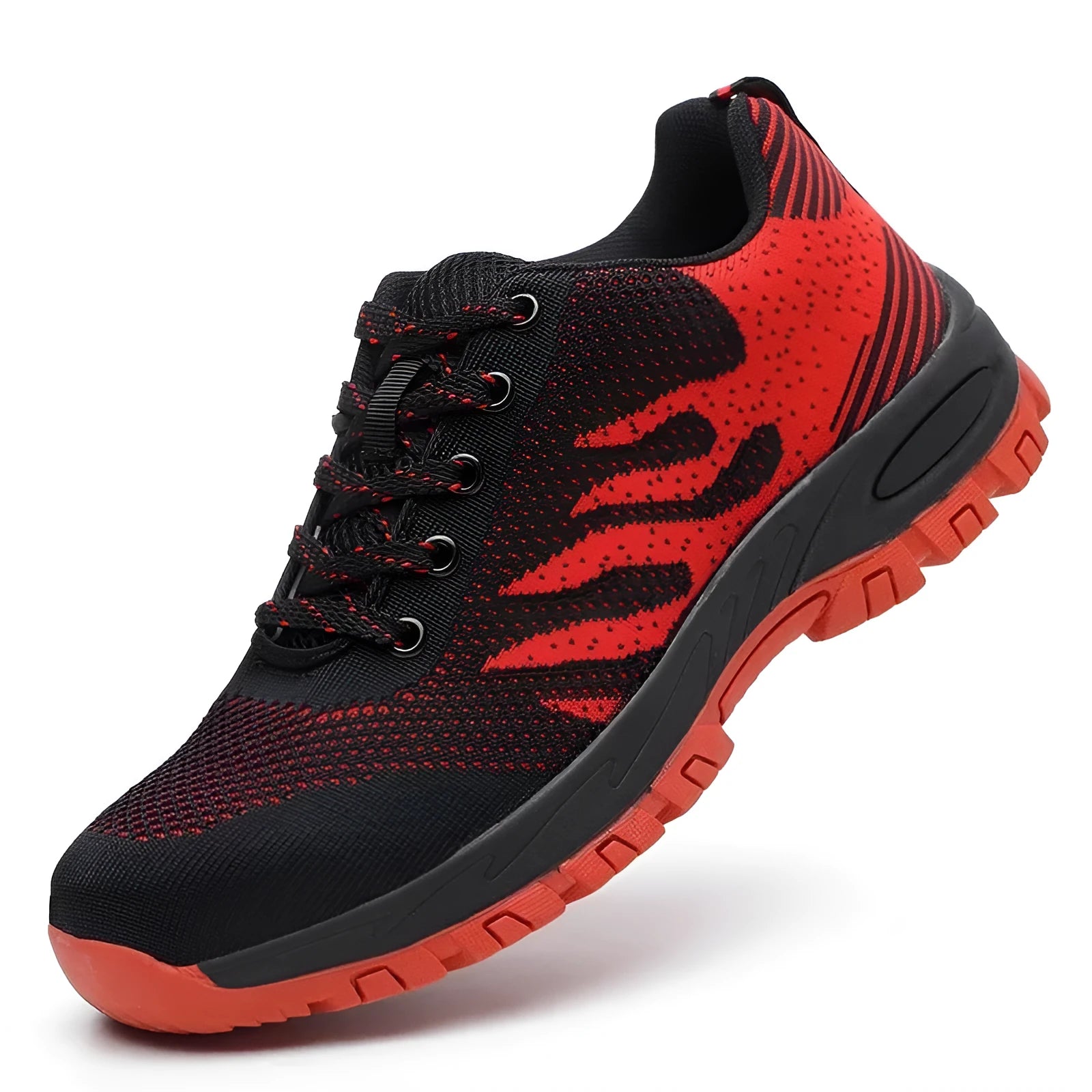Red low-top protective safety shoes with a mesh upper and steel toe cap on a white background.