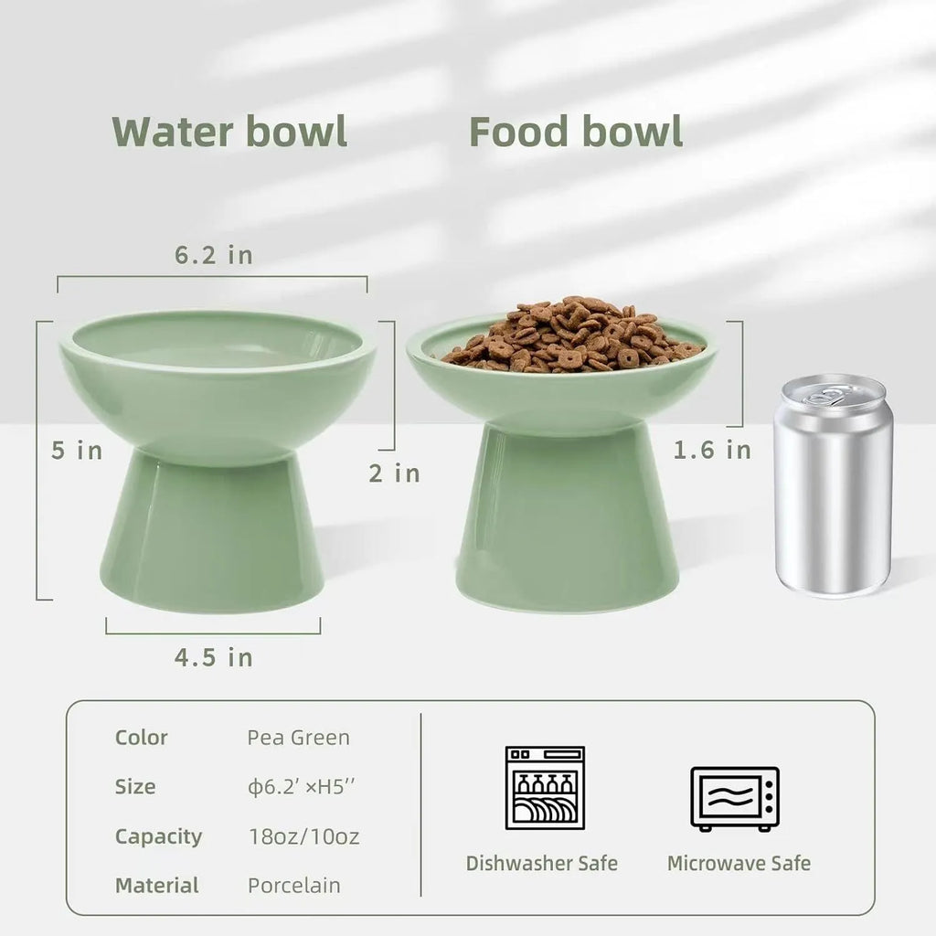 Ceramic elevated cat food bowl in blue, green, pink or white with wide shallow design