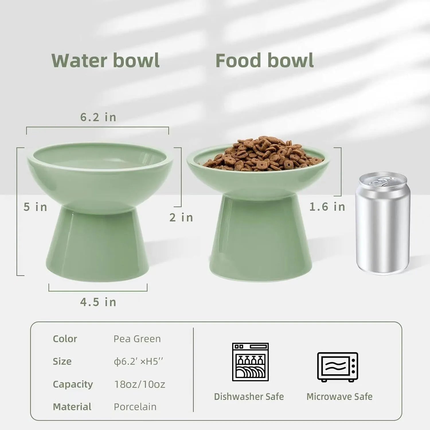 Ceramic elevated cat food bowl in blue, green, pink or white with wide shallow design