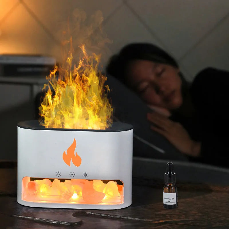 New Flame Humidifier Black - 3D simulation flame humidifier with crystal salt stone and colourful atmosphere lamp