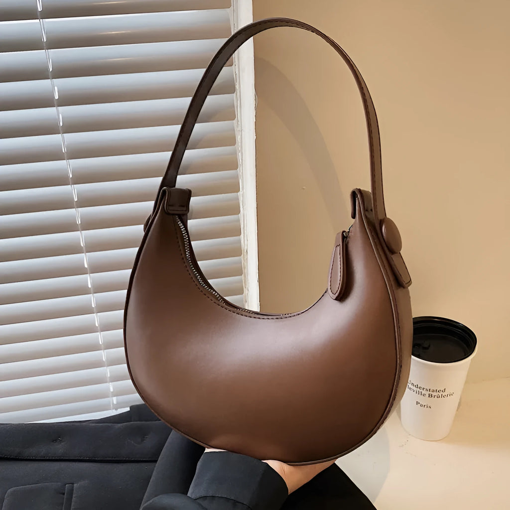 Retro women's shoulder bag in dumpling shape with zip compartment in black, white, cream yellow or brown