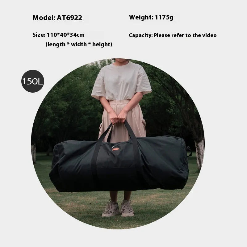 Large black waterproof storage bag for camping tents, tables, and chairs, shown with size dimensions.