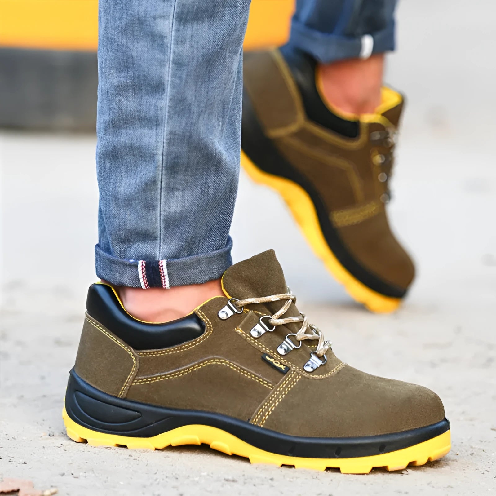 Bronze cow suede steel toe safety shoes with low-cut design and solid sole