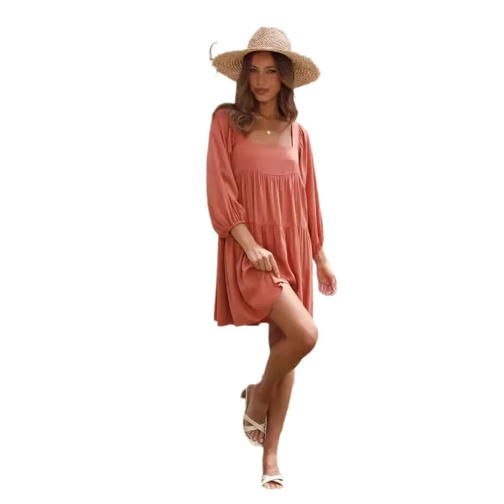 Children's square collar puff sleeve backless pullover dress in orange or light blue with A-line skirt