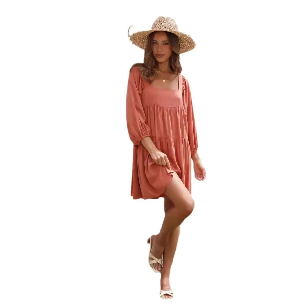 Children's square collar puff sleeve backless pullover dress in orange or light blue with A-line skirt