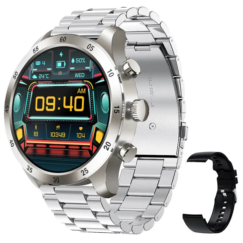 Black steel Bluetooth smart watch on wrist showing call interface