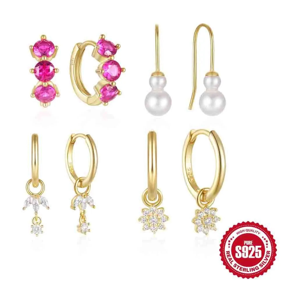 A pair of geometric sunflower drop earrings in sterling silver with inlaid zircon stones, Golden-Three Diamonds colour.