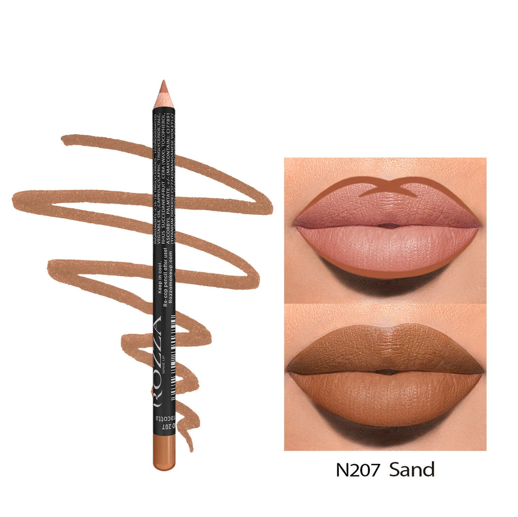 Lip liner pencil in a matte finish shown with swatches of its 14 natural wood-toned shades.