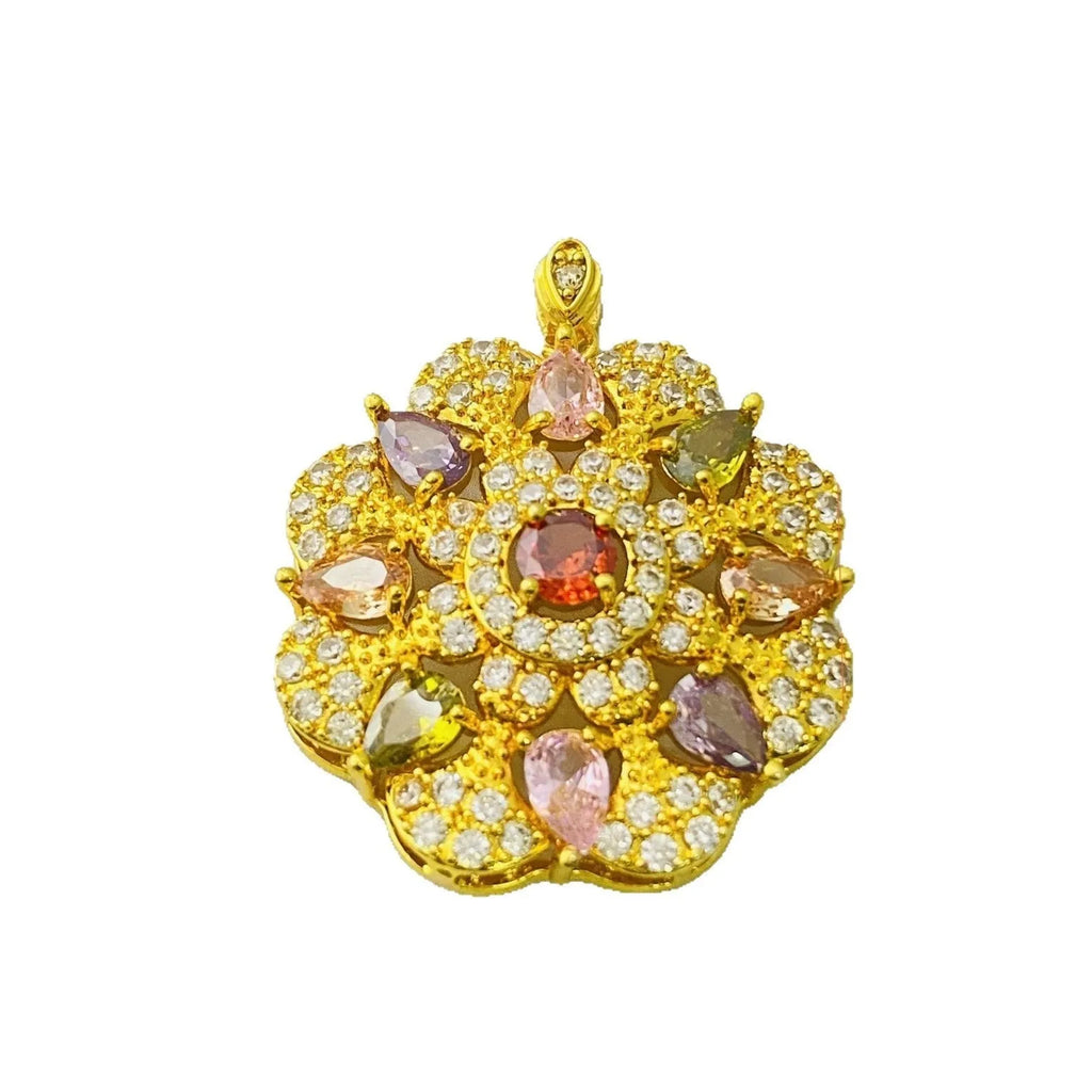 Women's floral pendant necklace with a colourful zircon stone in a gold, champagne gold, or platinum colour metal setting.