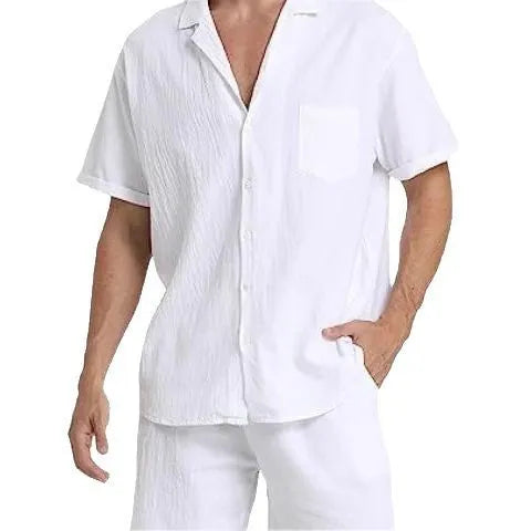 Men's summer sports short-sleeved shorts suit in linen blend black colour front view