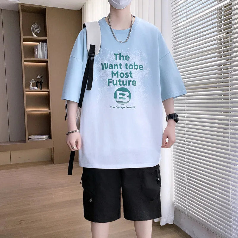 Boys youth popularity printed T-shirt with drop-shoulder sleeves in cotton-polyester blend, available in dark blue