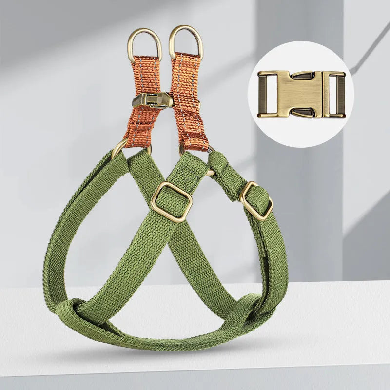 Brown vest-style dog leash with cotton and nylon construction and alloy fastener