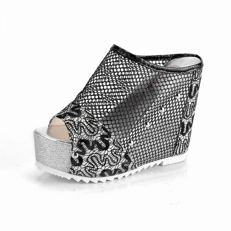 Korean chunky heel platform flip-flops with hollowed-out design in black, gold, or silver on a viscose sole.