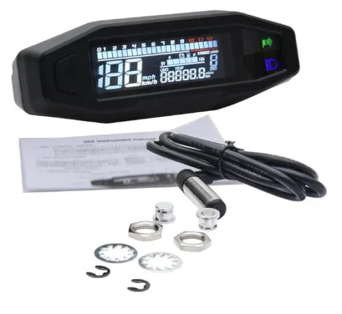 Black motorcycle mini LCD speedometer and oil gauge with digital display on a 103x25mm screen.