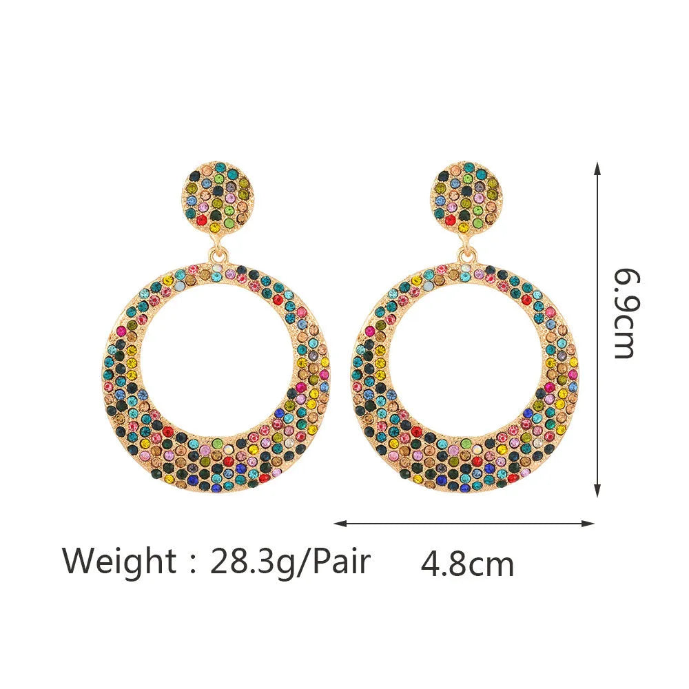 Colourful cartoon style metal earrings with round diamond shapes and large pendant design