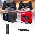 A wireless home projector with a carrying handle, displaying a bright game or movie on a wall.